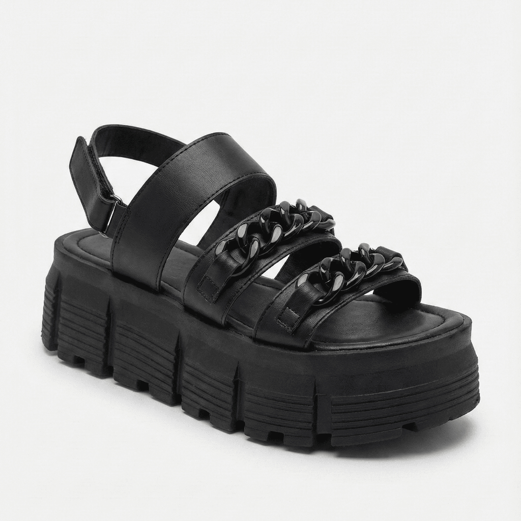 Sandália Feminina Madale Plataforma Tratorada Papete Corrente Estilo Blogueira Moda Casual