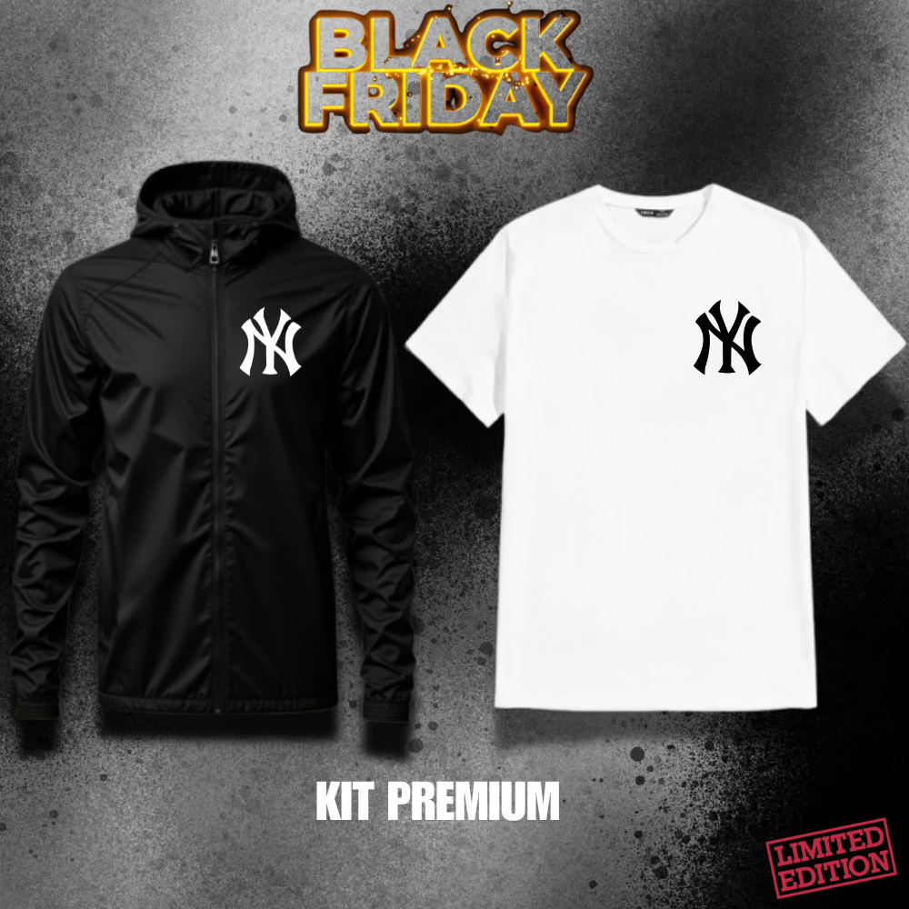 Kit Premium Masculino/Feminino – Jaqueta Corta Vento Preto + Camiseta/Camisa Estampada | Edição Black Friday