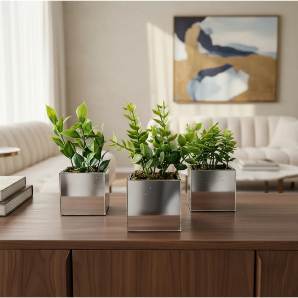 Kit 3 vasinhos espelhados com plantinhas verdinhos artificiais luxo em Oferta na Shopee