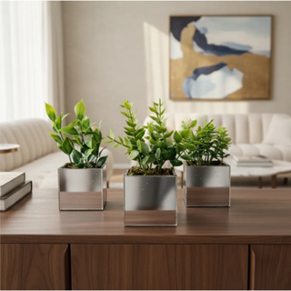 Kit 3 vasinhos espelhados com plantinhas verdinhos artificiais luxo em Oferta na Shopee
