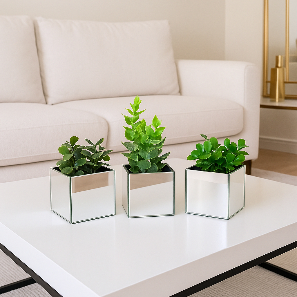Kit 3 vasinhos espelhados com plantinhas artificiais folhagem decorativa luxo em Oferta na Shopee