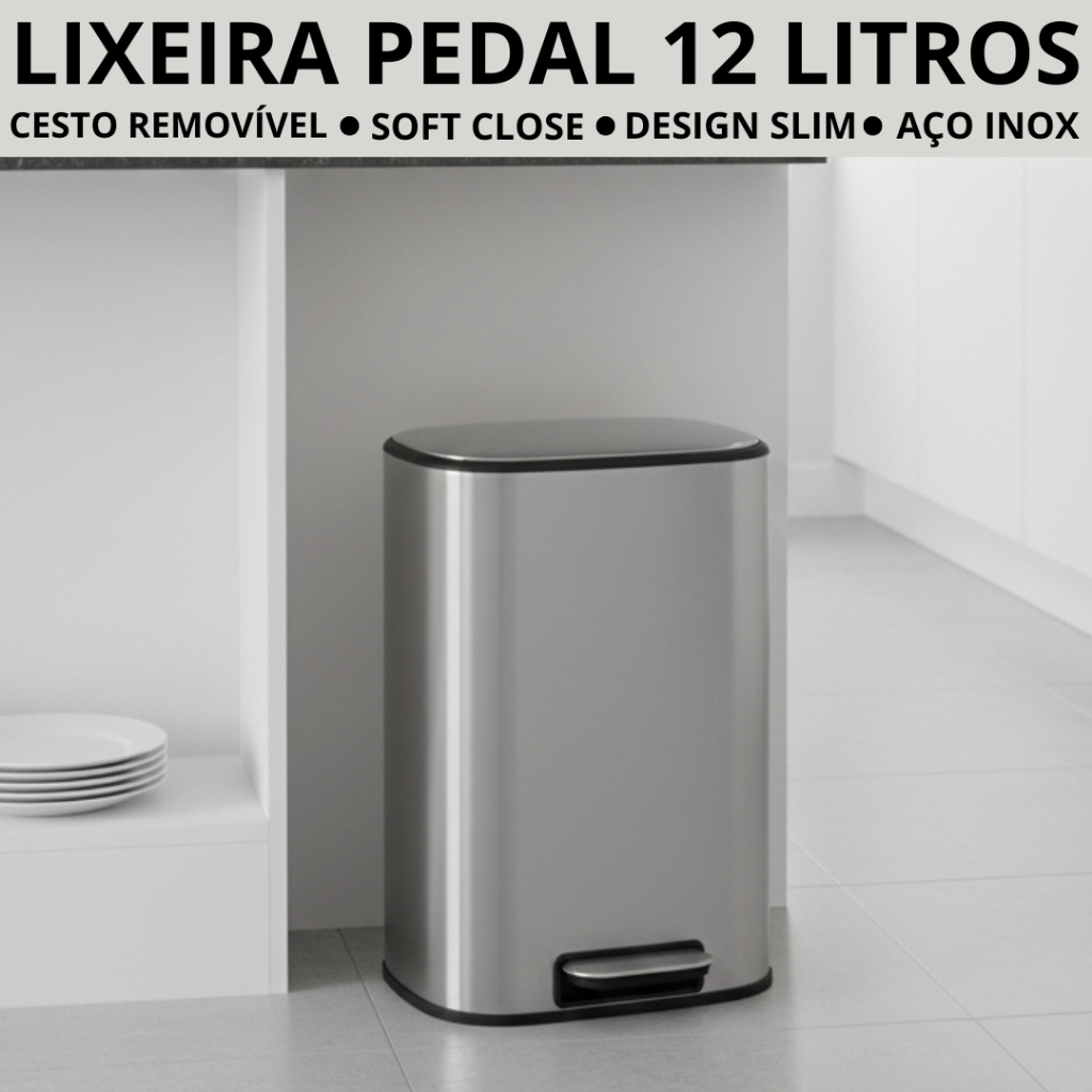 Lixeira Pedal Slim Cozinha Banheiro Inox Escritório Fechamento Suave 12 Litros com Cesto em Oferta na Shopee