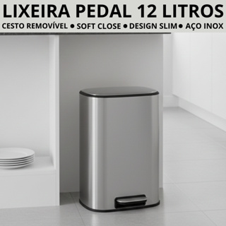 Lixeira Pedal Slim Cozinha Banheiro Inox Escritório Fechamento Suave 12 Litros com Cesto em Oferta na Shopee