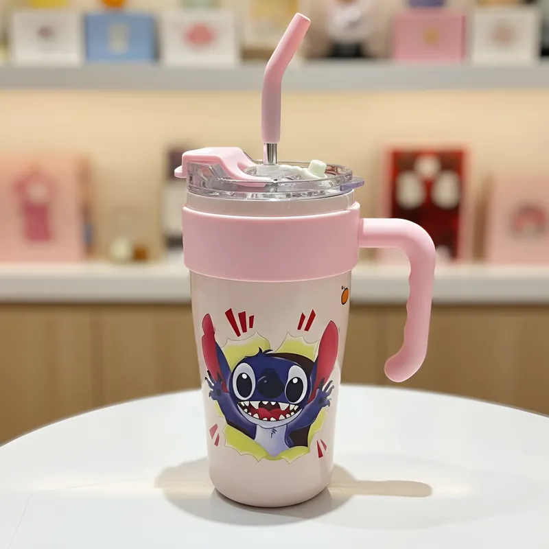 Copo Caneca Térmica 1l Rosa,Lilaz,Branco,Azul Com Alça Garrafinha Mais Canudo Stitch Disney Lilo