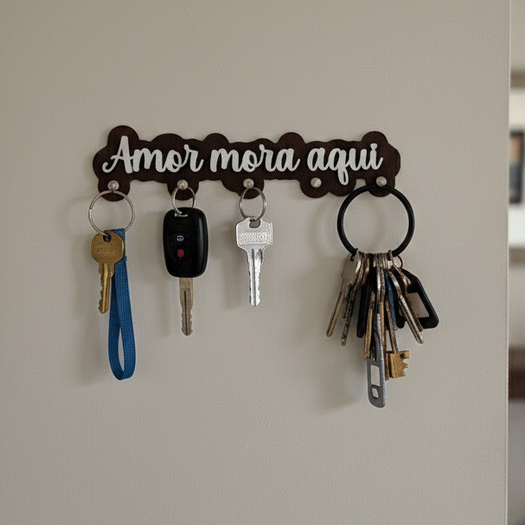 Porta Chaves de Parede em Mdf Preto Decorativo com Ganchos com fita Dupla face sem furo