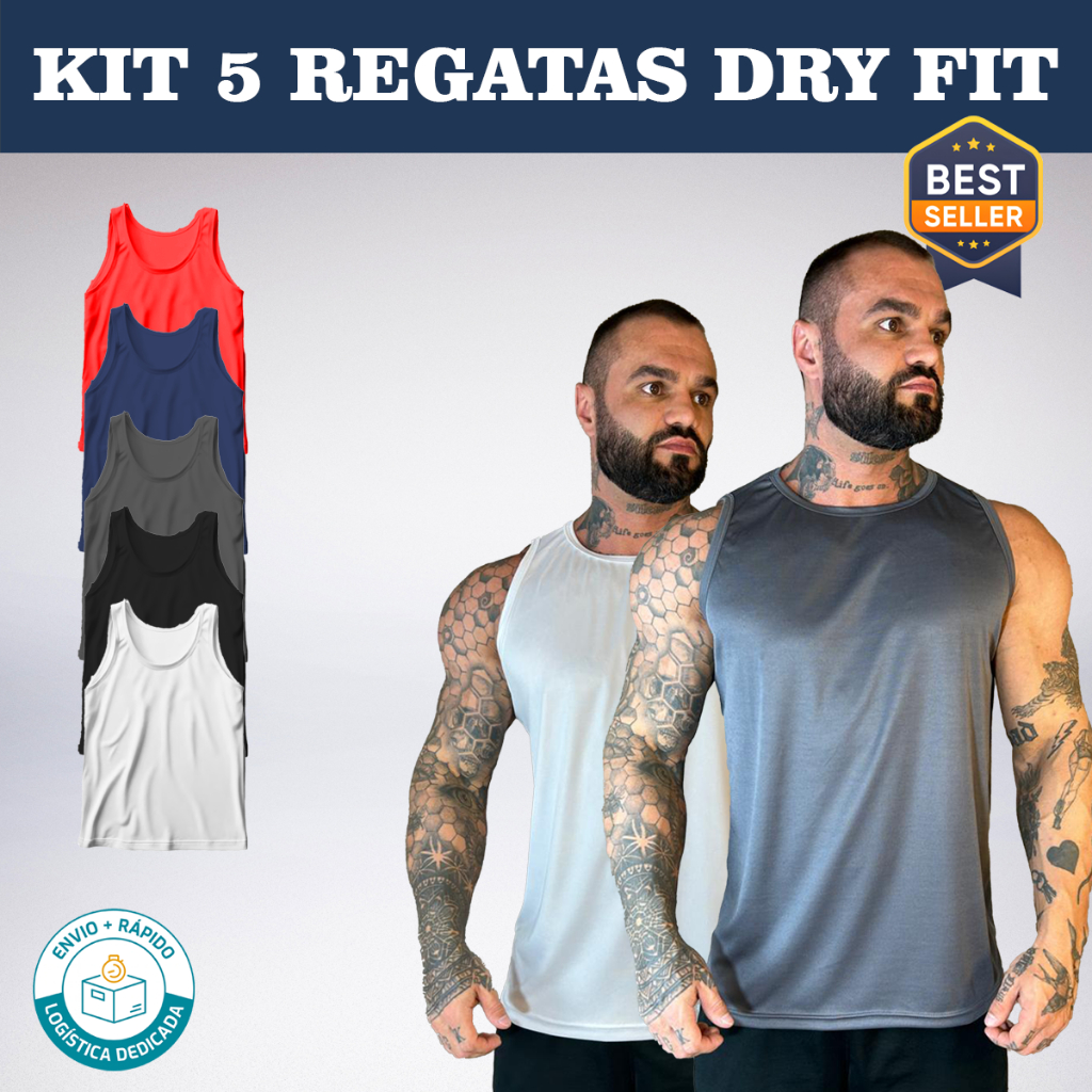 KIT 5 Regata Dry Fit Masculina - Casual - Treino - Academia - Esportes - Exercícios - Corrida