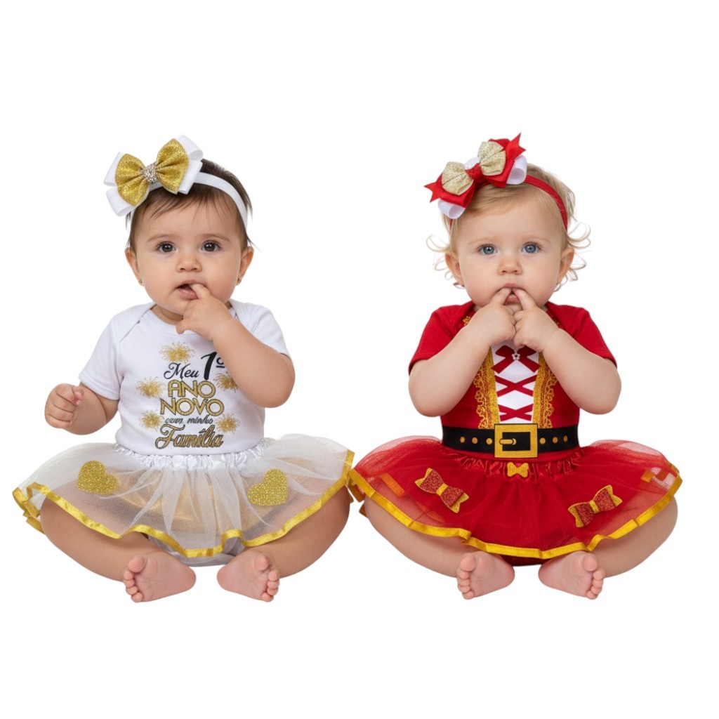 Body Bebê Menina - Mamãe Noel e Ano Novo + Laço + Tule - Kit 2 Conjuntos