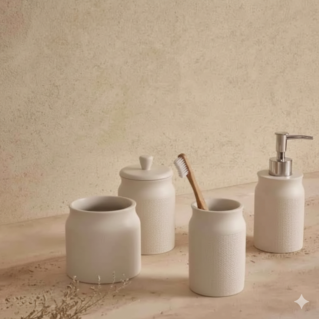 Kit Conjunto Lavabo Banheiro Dispenser Porta Algodão Sabonete Liquido Cimento 4 Peças Pote Mart