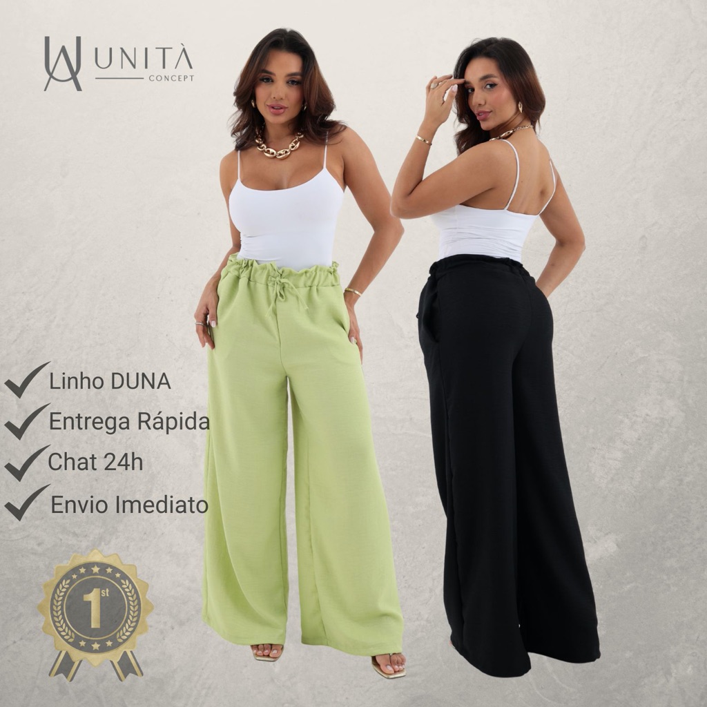 Calça Pantalona Linho Duna Com Bolso Cintura Alta Feminino Tamanho Único Envio Imediato em Oferta na Shopee