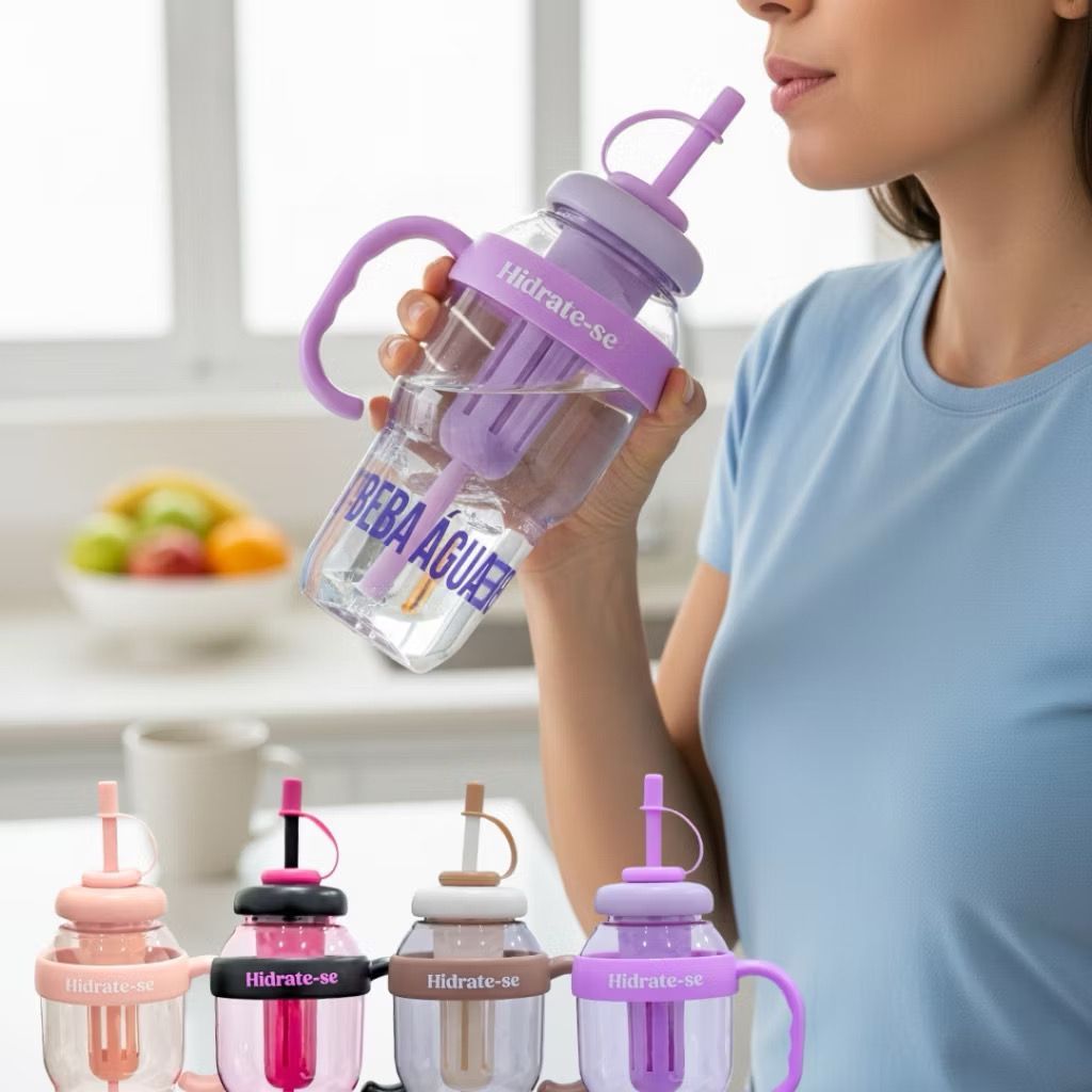 Garrafa de Água 1300/1350ml com Filtro Tampa e Canudo Academia Mochila Suco Passeio Adulto e Infantil