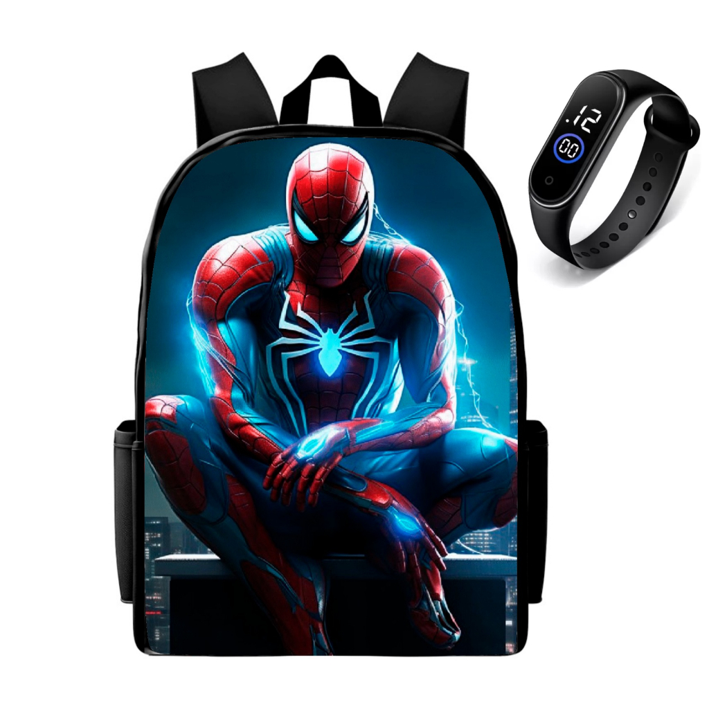 Kit Mochila Infantil Escolar Estampada Homem Aranha Kit Com Relogio Led Digital