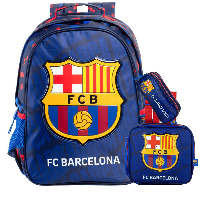 Kit Conjunto Escolar Infantil Menino Futebol Time Barcelona Mochila de Costas + Lancheira + Estojo