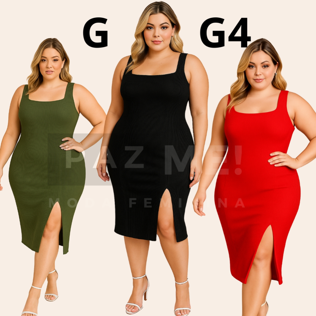 Vestido Midi Plus Size Regata Gola Quadrada Com Fenda Frontal PAZME em Oferta na Shopee