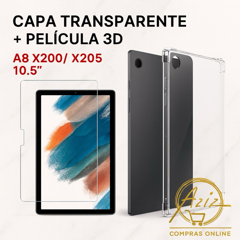Capa Transparente + Película 3D de Vidro para Samsung Tab A8 X200/X205 10.5” – Proteção Completa e Ultra Premium
