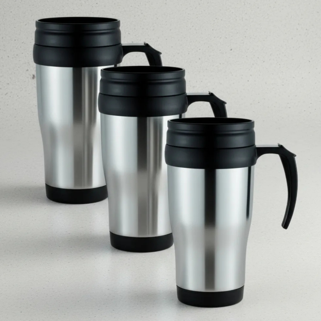 Kit 3 Canecas Térmica com Tampa e Alça Viagem Aço Inox 400ml