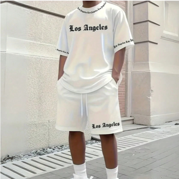 Conjunto Masculino Camiseta Oversized E Bermuda Moletom Ano Novo Natal Tendência Confortável Estilosa Los Angeles