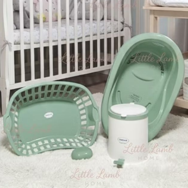Kit Banho Bebê 4 Peças – Banheira 22L c/ Válvula + Cesto 25L + Lixeira 8L + Saboneteira