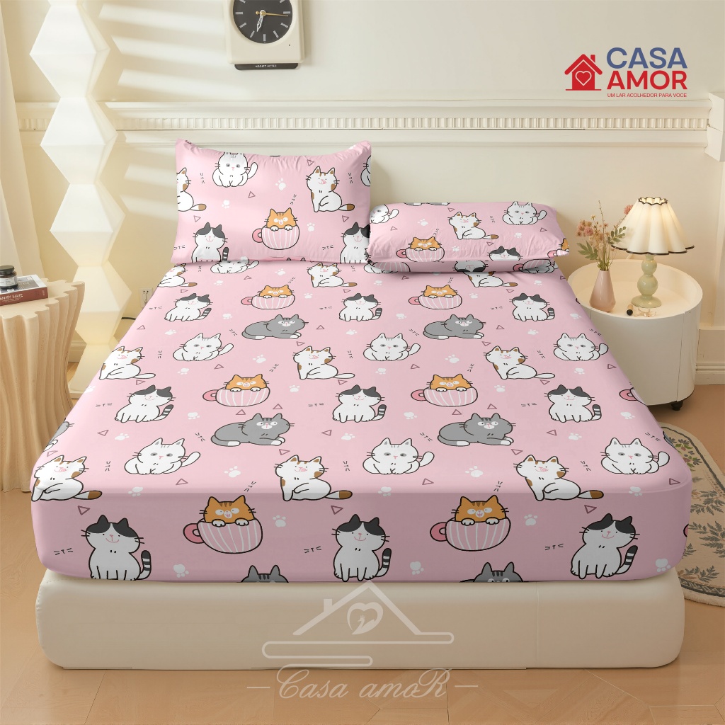 Jogo De Lençol 02 e 03 Peças Gatinho Cachorro Animais SOLTEIRO/ CASAL/ QUEEN Percal Cor Não Desbota em Oferta na Shopee