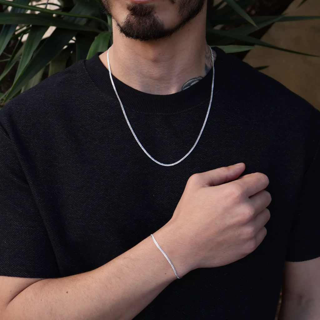 Corrente + Pulseira Masculina Fininha Aço Inox Prata Brilhante Não Escurece Enferruja Colar Cordão em Oferta na Shopee