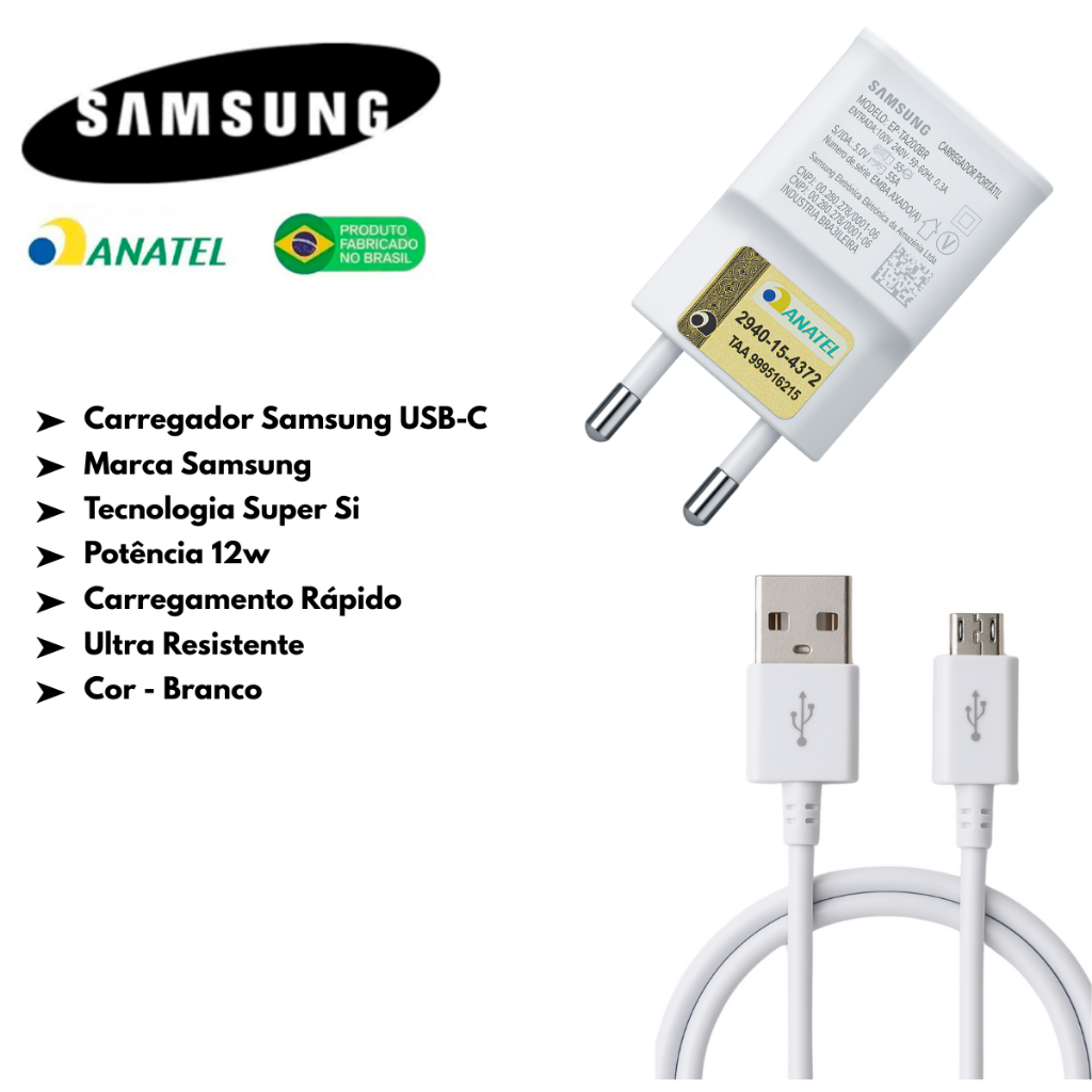 Carregador Samsung Galaxy A03 A02 A01 A10 A10s J2 J4 J5 J7 Original