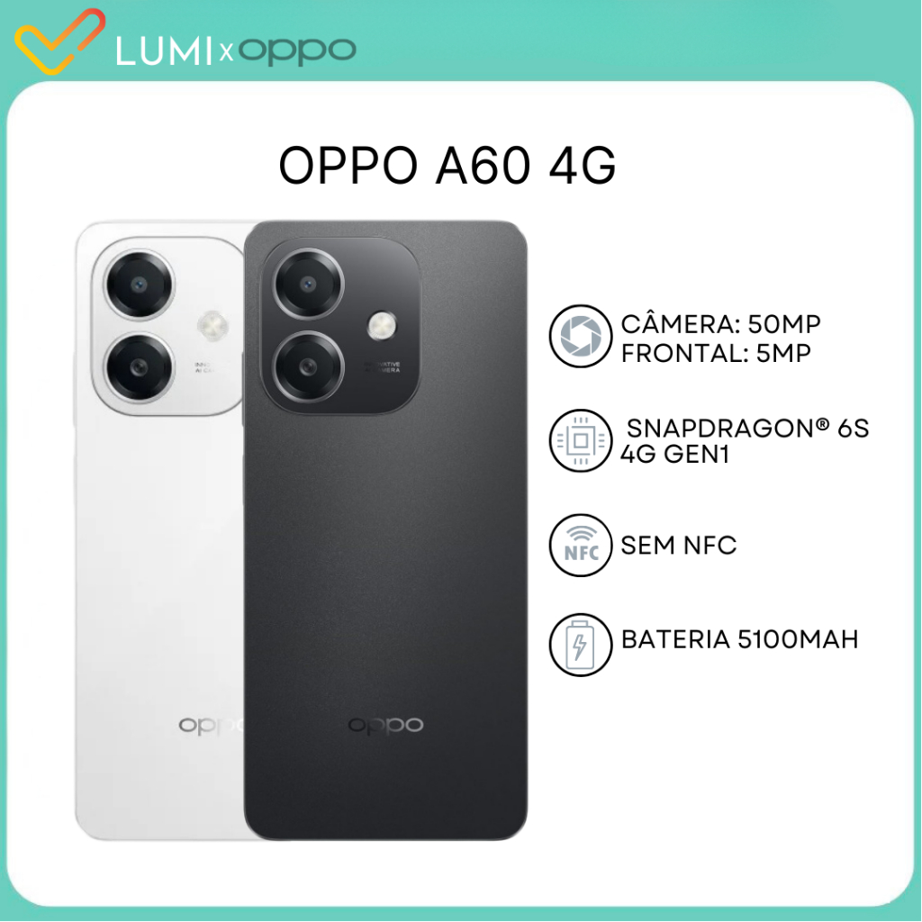 OPPO A60 4G,Versão Global, 256GB e 8GB RAM, Processador Qualcomm Snapdragon 6s 4G Gen1, Câmera 50MP Bateria 5100mAh
