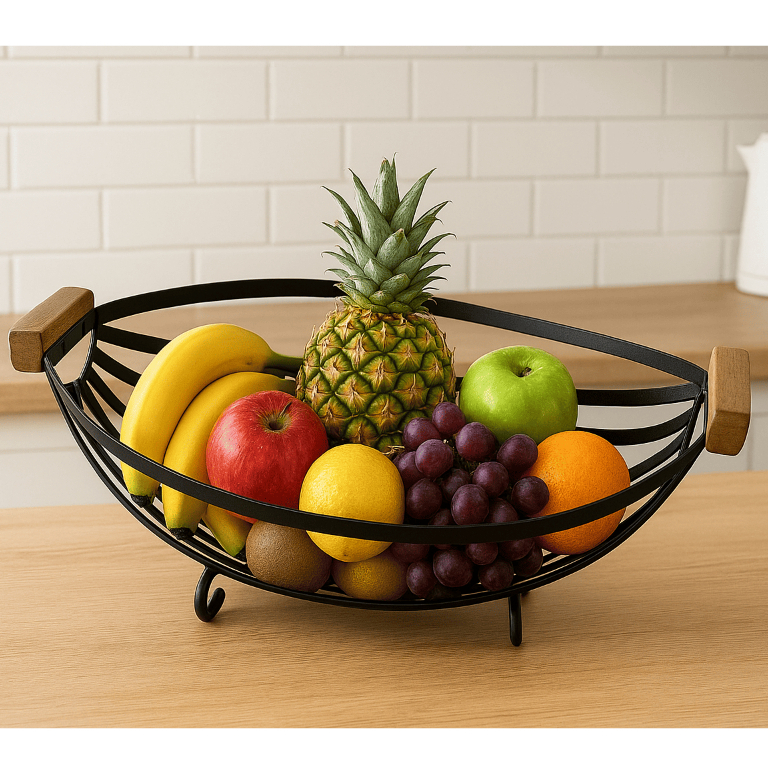 Fruteira aramada barra chata centro de Mesa em Ferro Preto e Madeira - Design Rústico Moderno e ind.