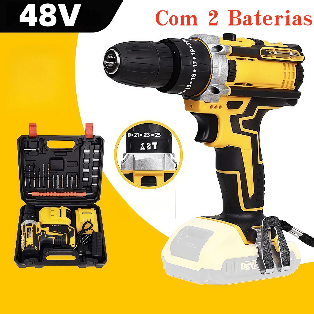 Parafusadeira Furadeira 18V/48V 2 Baterias Com Maleta e Acessórios Completo