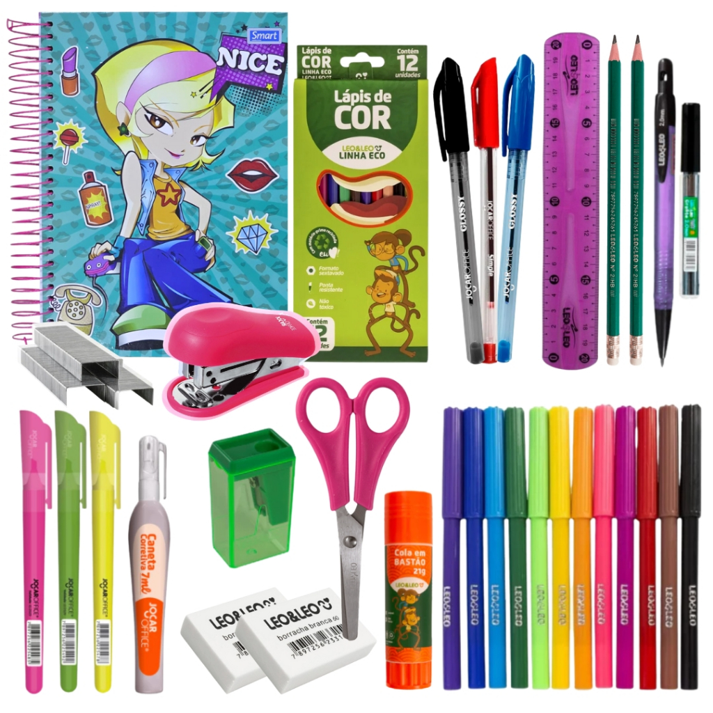 Kit Escolar Material Completo Lapis de Cor Hidrocor Caneta Apontador Borracha Juvenil Leo Leo