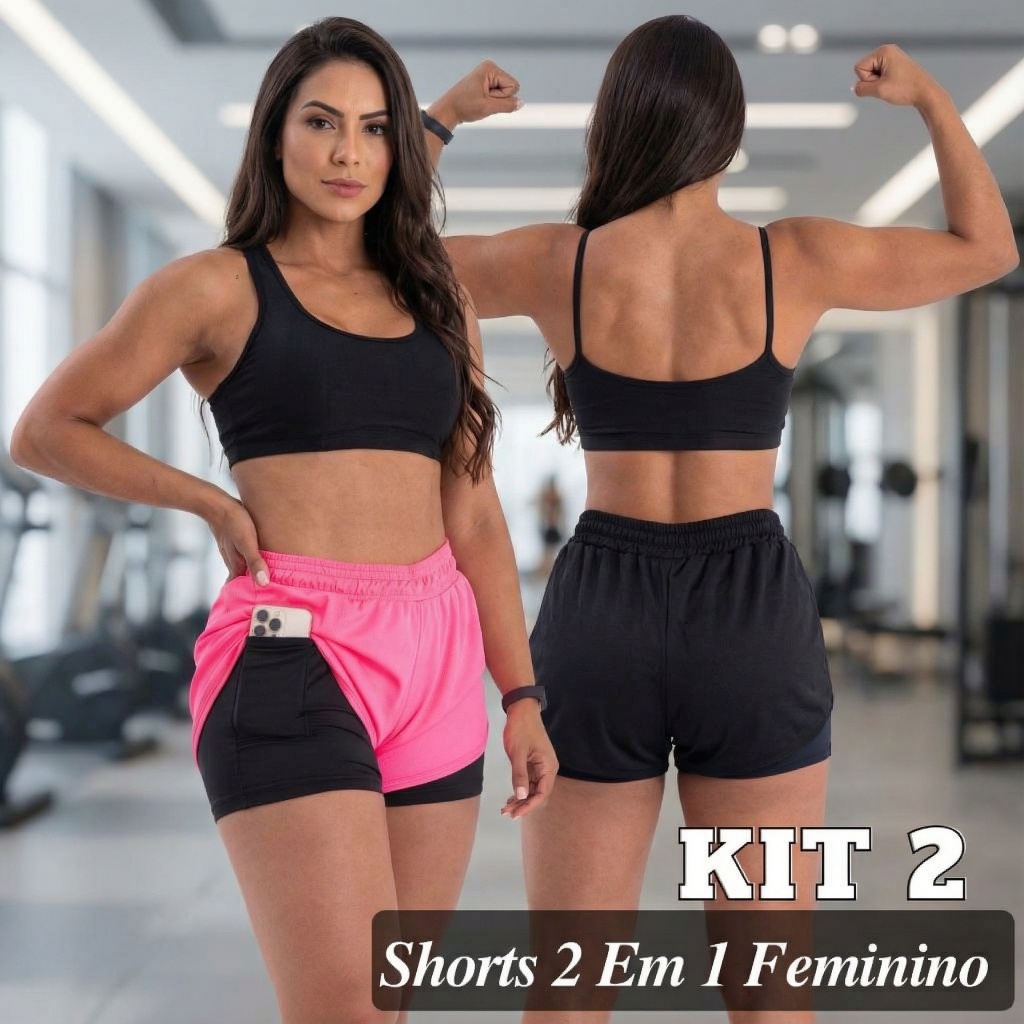 Kit 2 Shorts 2 em 1 Feminino Duplo Com Bolso Interno Para Celular Treino Corrida em Oferta na Shopee
