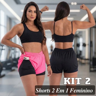 Kit 2 Shorts 2 em 1 Feminino Duplo Com Bolso Interno Para Celular Treino Corrida em Oferta na Shopee