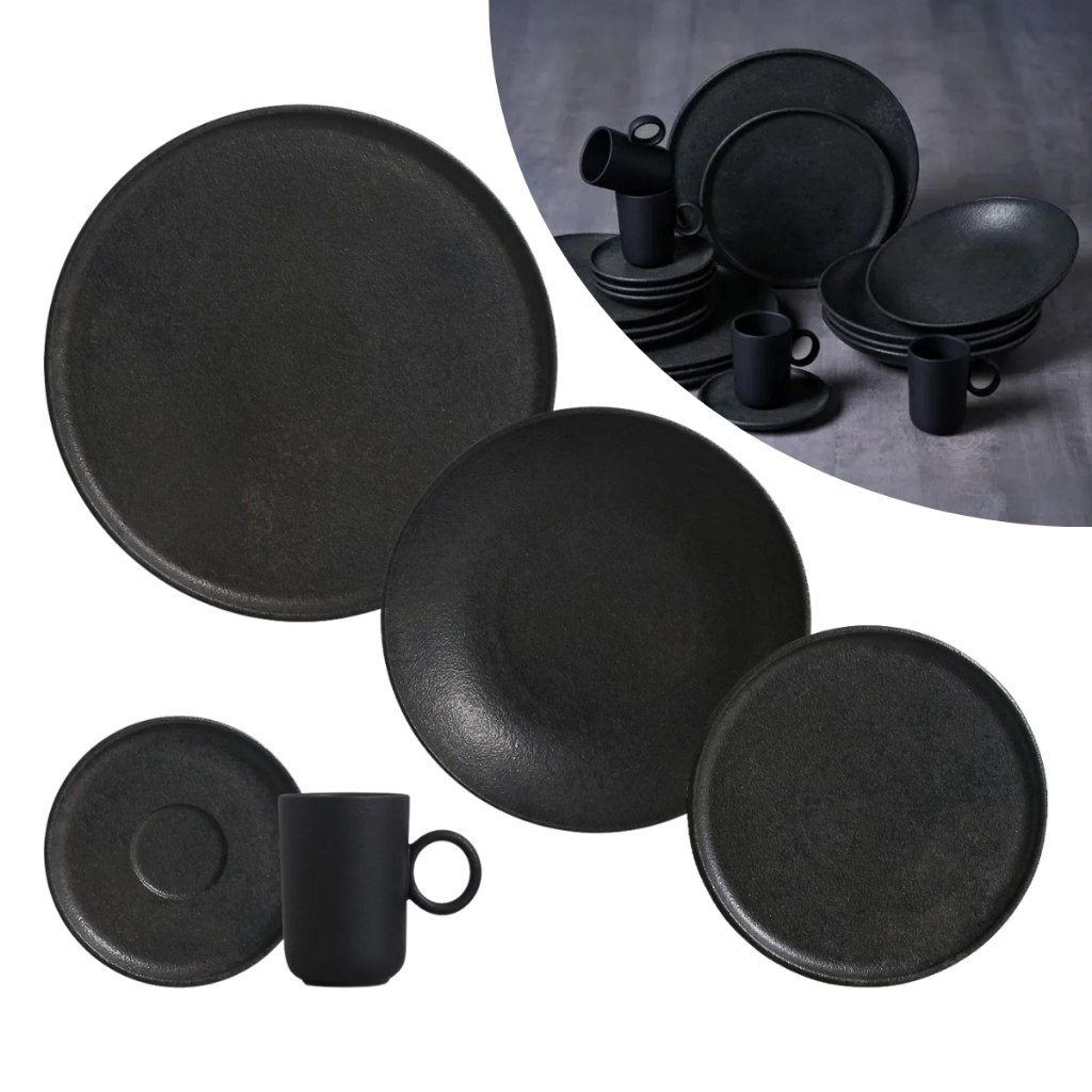 Kit Conjunto Aparelho de Jantar 20 Peças Daily Intense Preto Cerâmica Jogo Cozinha Restaurante Buffet