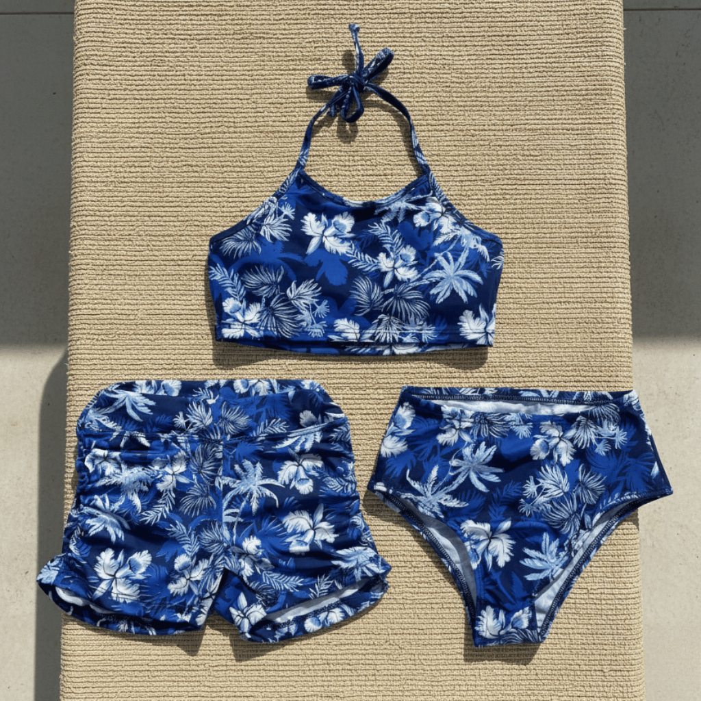 Trio de Biquíni com Shorts Saída de Praia Estampada em Folhagem Tropical 86-TE