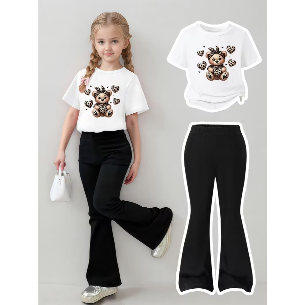 Conjunto Infantil Camiseta+Calça Flare Moletom Look Estiloso e Confortável Ursinha Corações