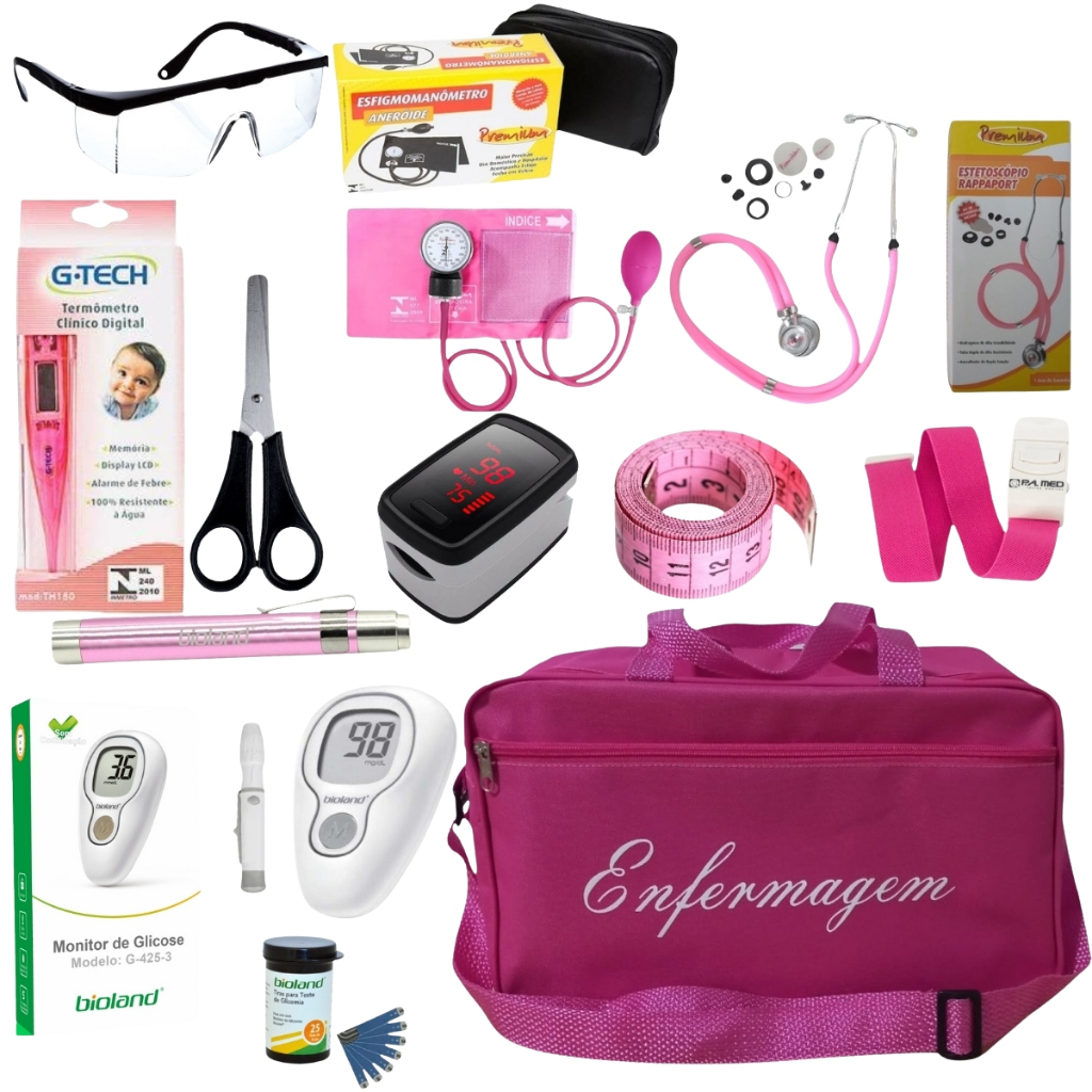 Kit De Enfermagem Rosa Premium Com Glicossímetro