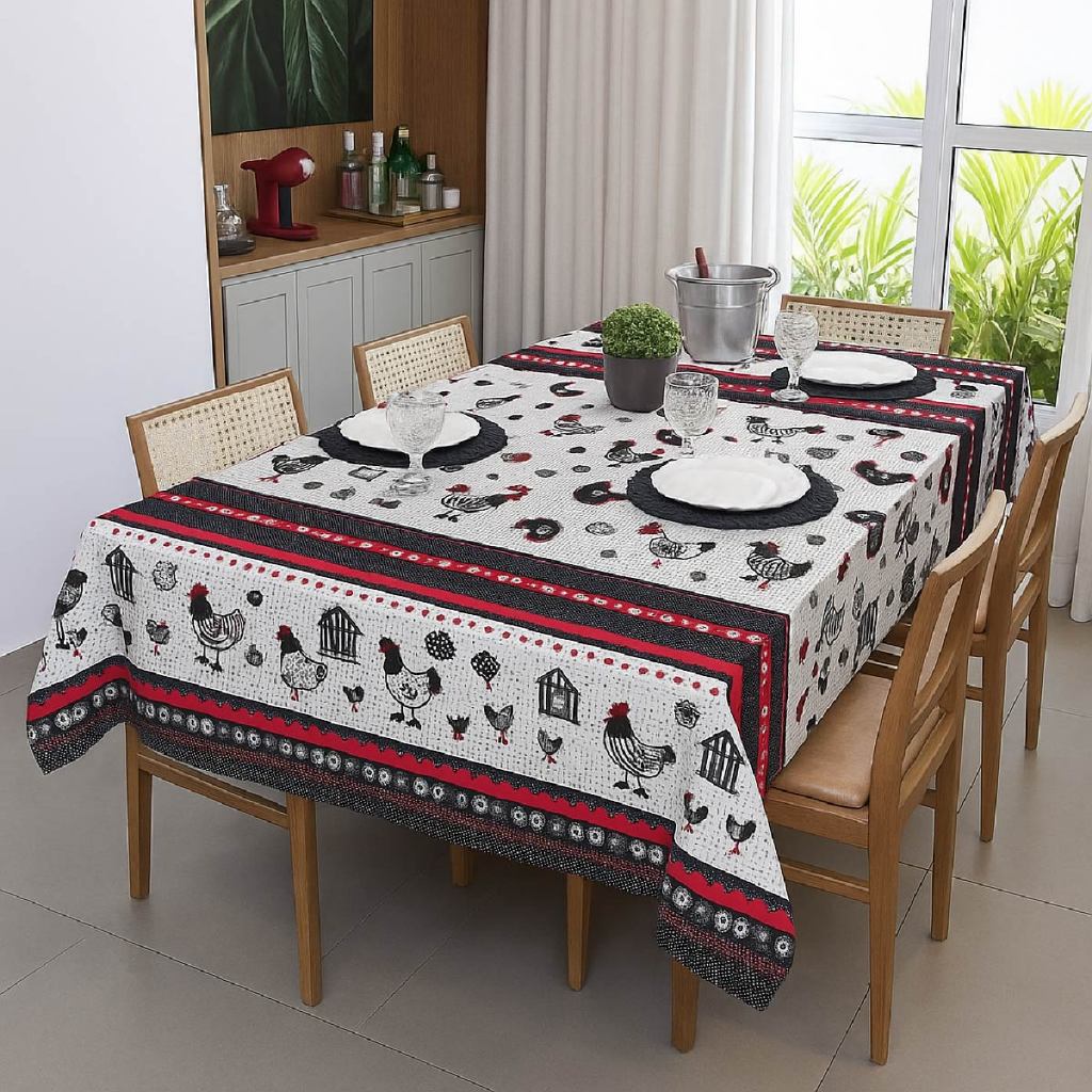 Toalha de Mesa Térmica Retangular Impermeável 4 6 8 Lugares PVC  Estampado C/ Borda Overlock