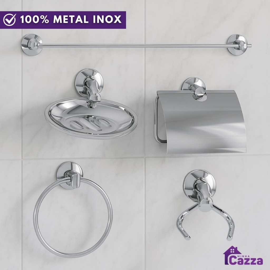 Kit Para Banheiro Acessórios de Metal Aço Inox 5 Peças COMPLETO Acompanha Parafusos