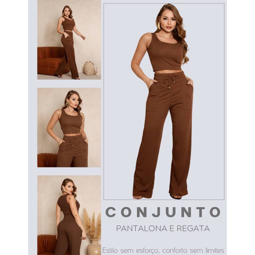 Conjunto Pantalona E Cropped Feminino Wide Leg Canelado Casual Verão em Oferta na Shopee