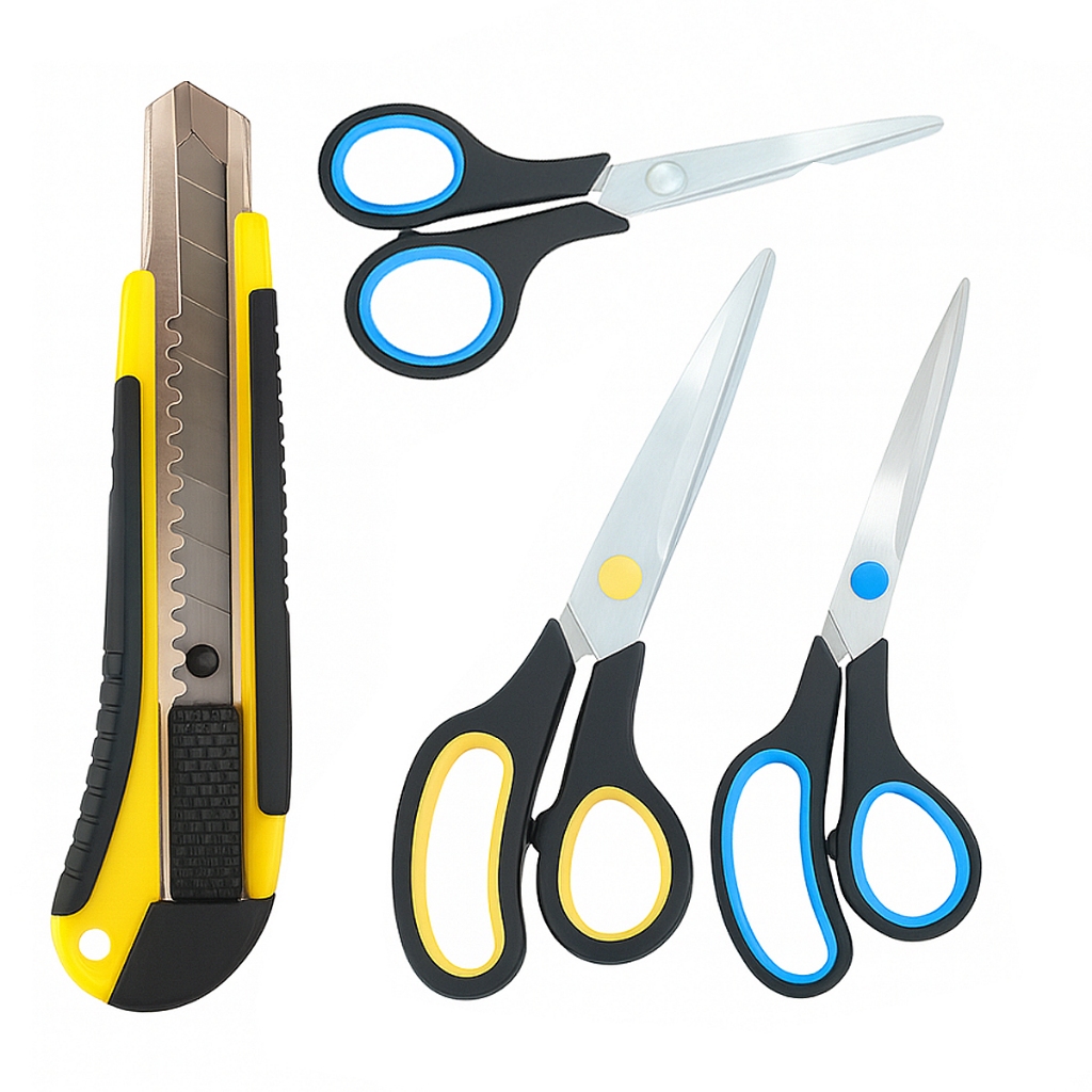 Kit escritório 3 Tesouras multiuso + 1 Estilete Profissional em Oferta na Shopee