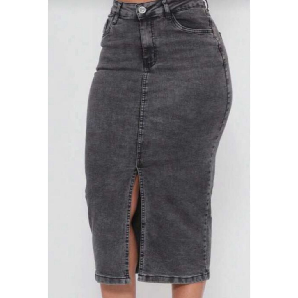 Saia Mid Jeans Grafite com Fenda Frontal Super Elastano Cintura Alta em Oferta na Shopee