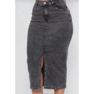 Saia Mid Jeans Grafite com Fenda Frontal Super Elastano Cintura Alta em Oferta na Shopee