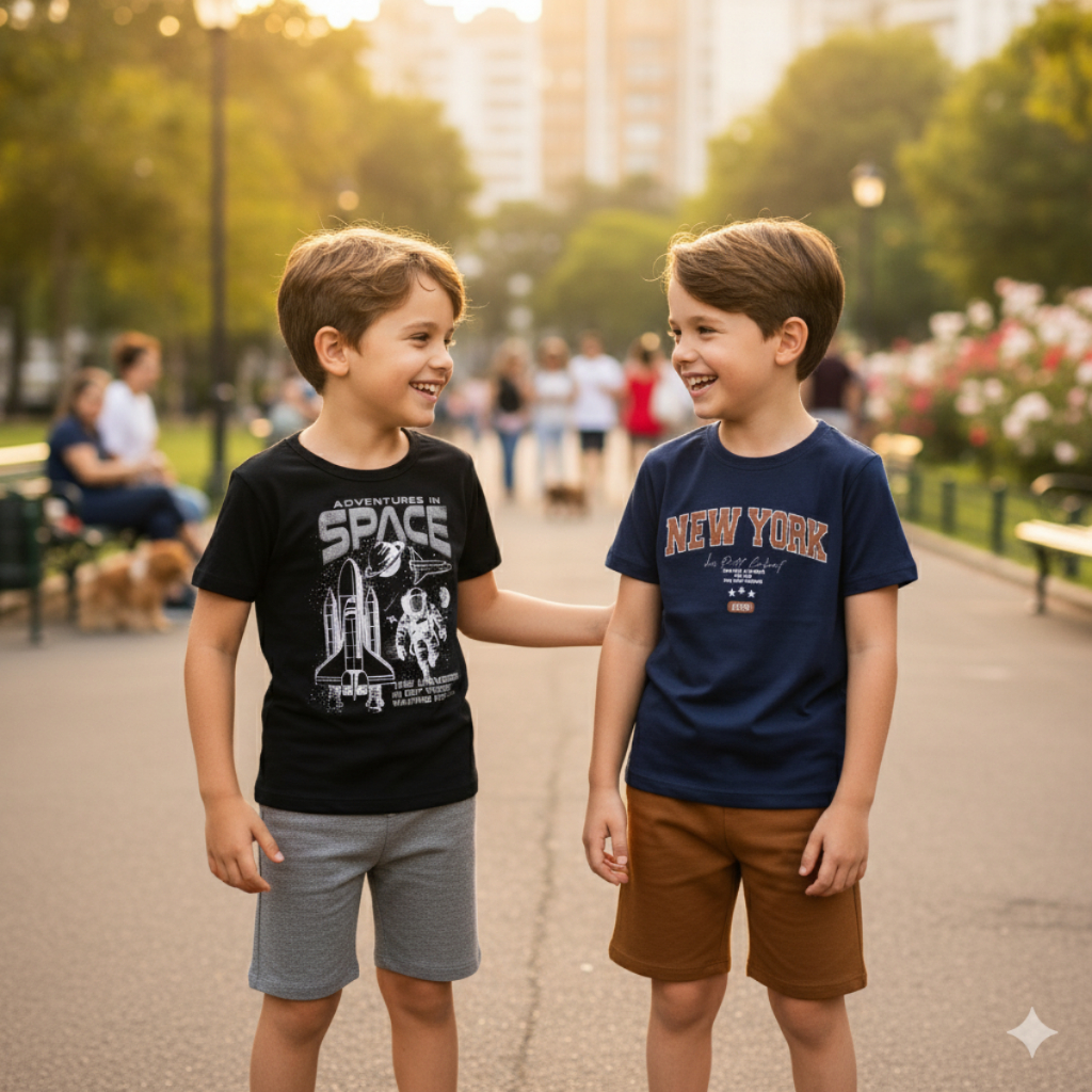 Conjunto Infantil Juvenil Verão Para Menino 2 Conjuntos Estampas Sortidas Camiseta e Bermuda