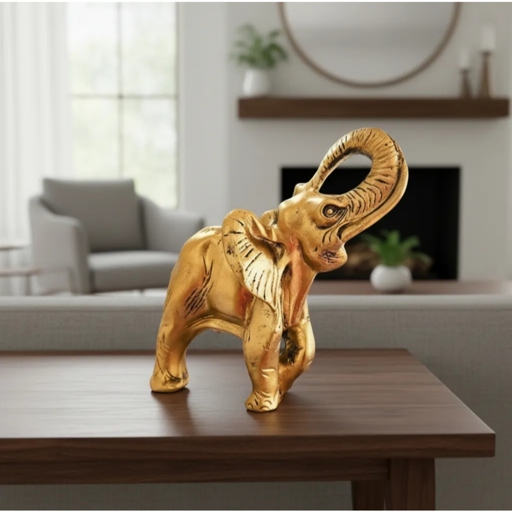 Elefante decorativo dourado em gesso enfeite luxo