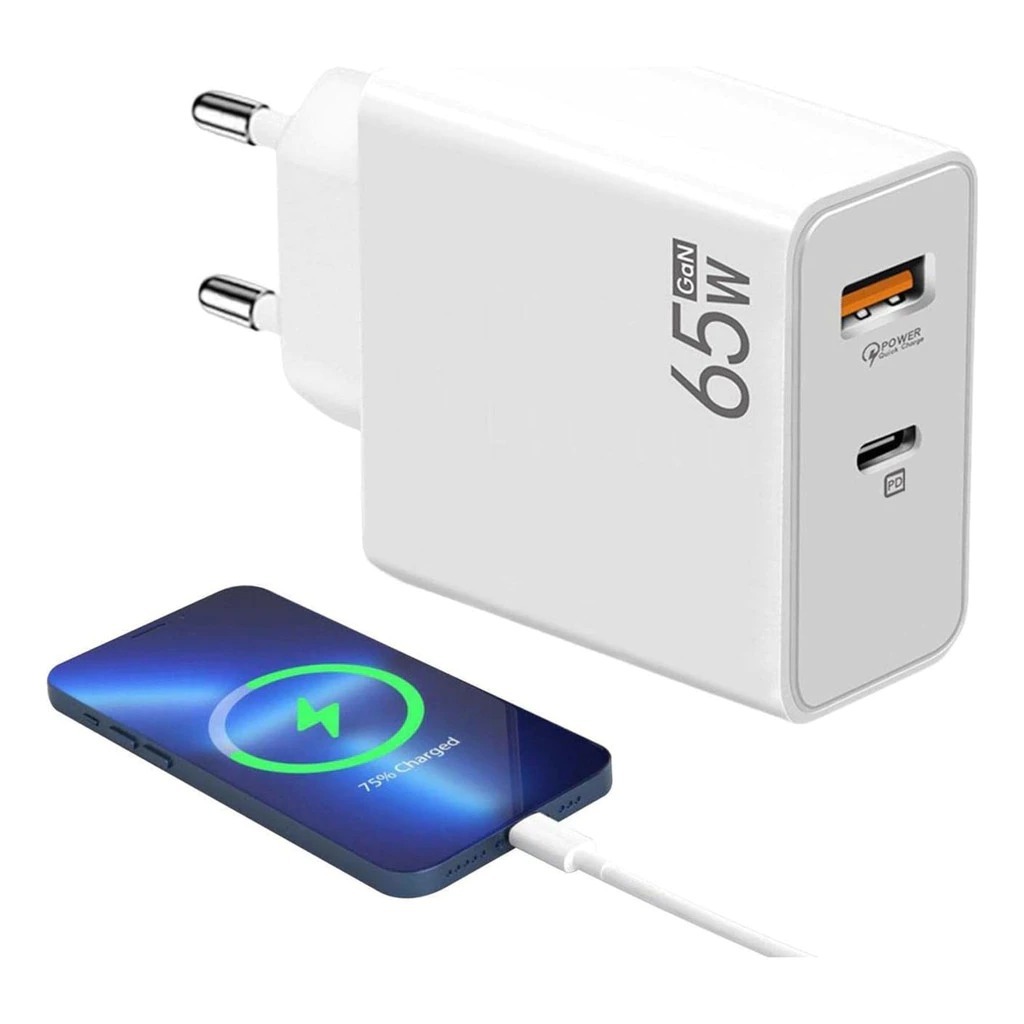 Carregador Turbo GaN 65W Kaidi com cabo USB-C KD-681CC/ KD-681CL/ KD681