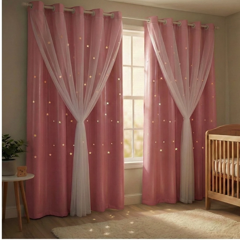 Cortina Corta Luz Pvc Blackout Rosa Estrelinhas C/ Voil 2,80x2,30 — imagem 1
