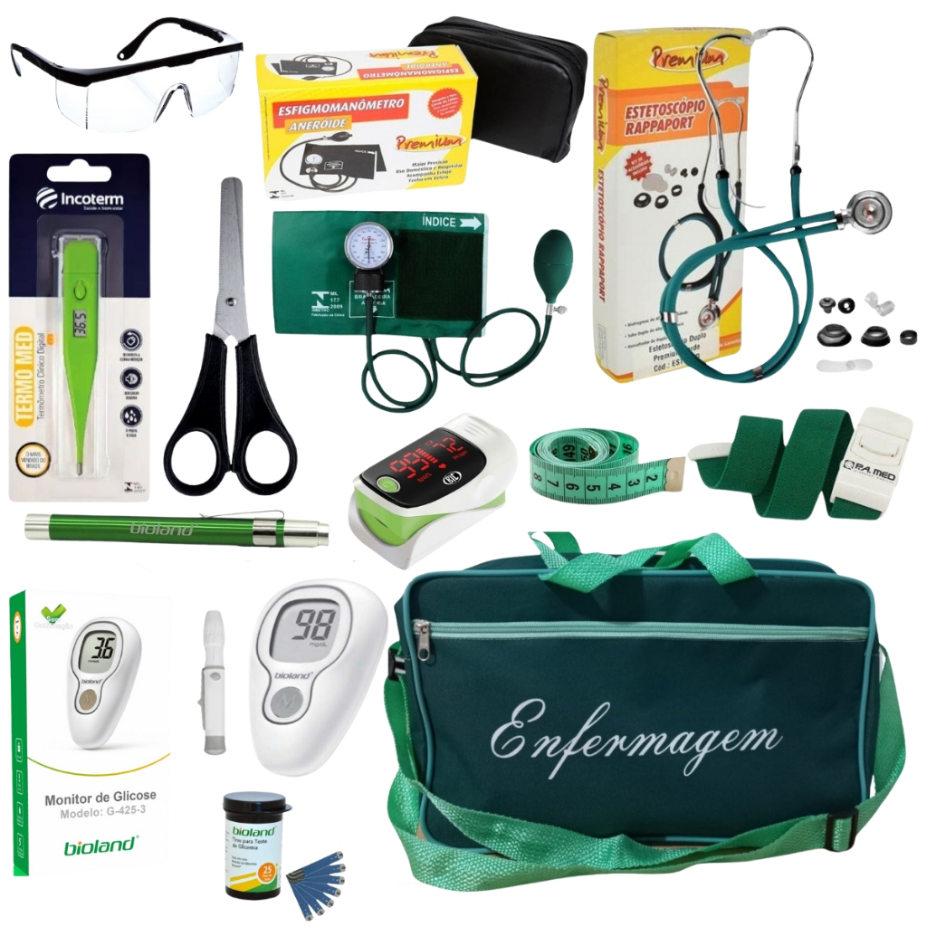 Kit de enfermagem verde premium com medidor de glicose e oxímetro