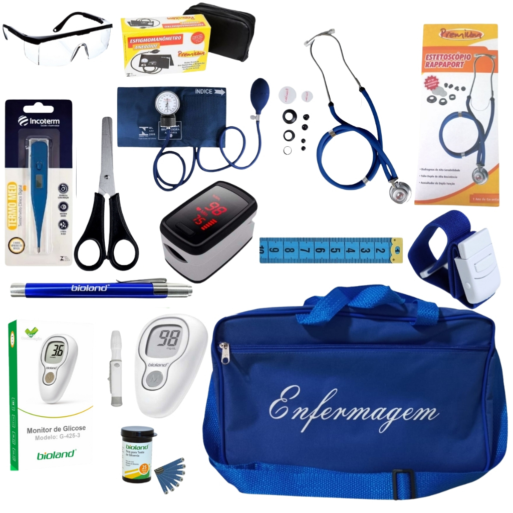 Kit de enfermagem azul com estetoscópio medidor de glicose e oxímetro