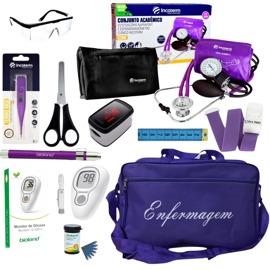 Kit De Enfermagem Roxo Com Oxímetro E Glicossímetro