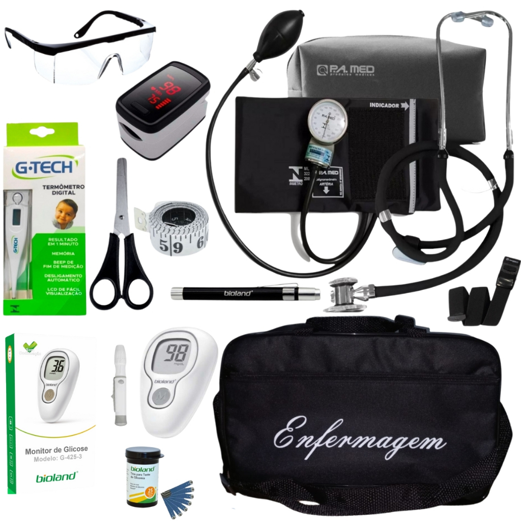 Kit de Enfermagem Preto com medidor de glicose esfigmo  estetoscópio e oxímetro