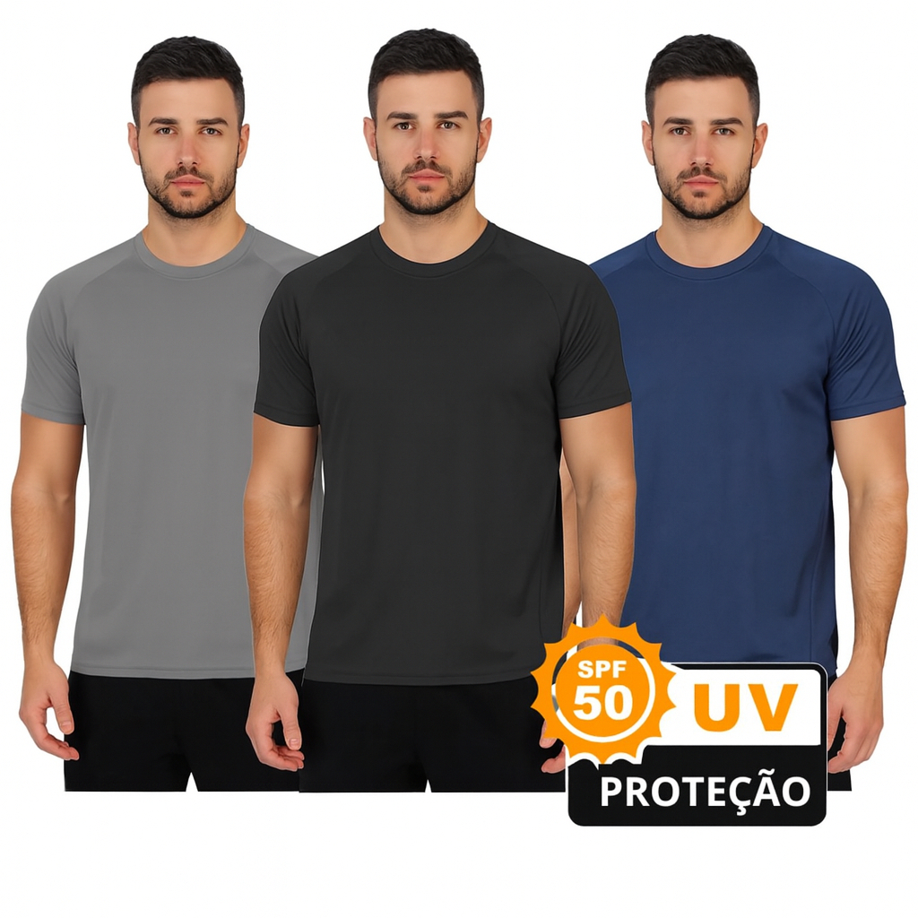 Kit 3 Camisas Dry Fit Masculina Proteção UV 50+ Camiseta Academia - Treino - Futebol - Esportes