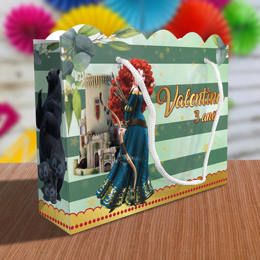 Sacolinha Valente Ondulada Personalizada Festa Lembrancinha Kit Festa Princesa Princesas Merida Sacola